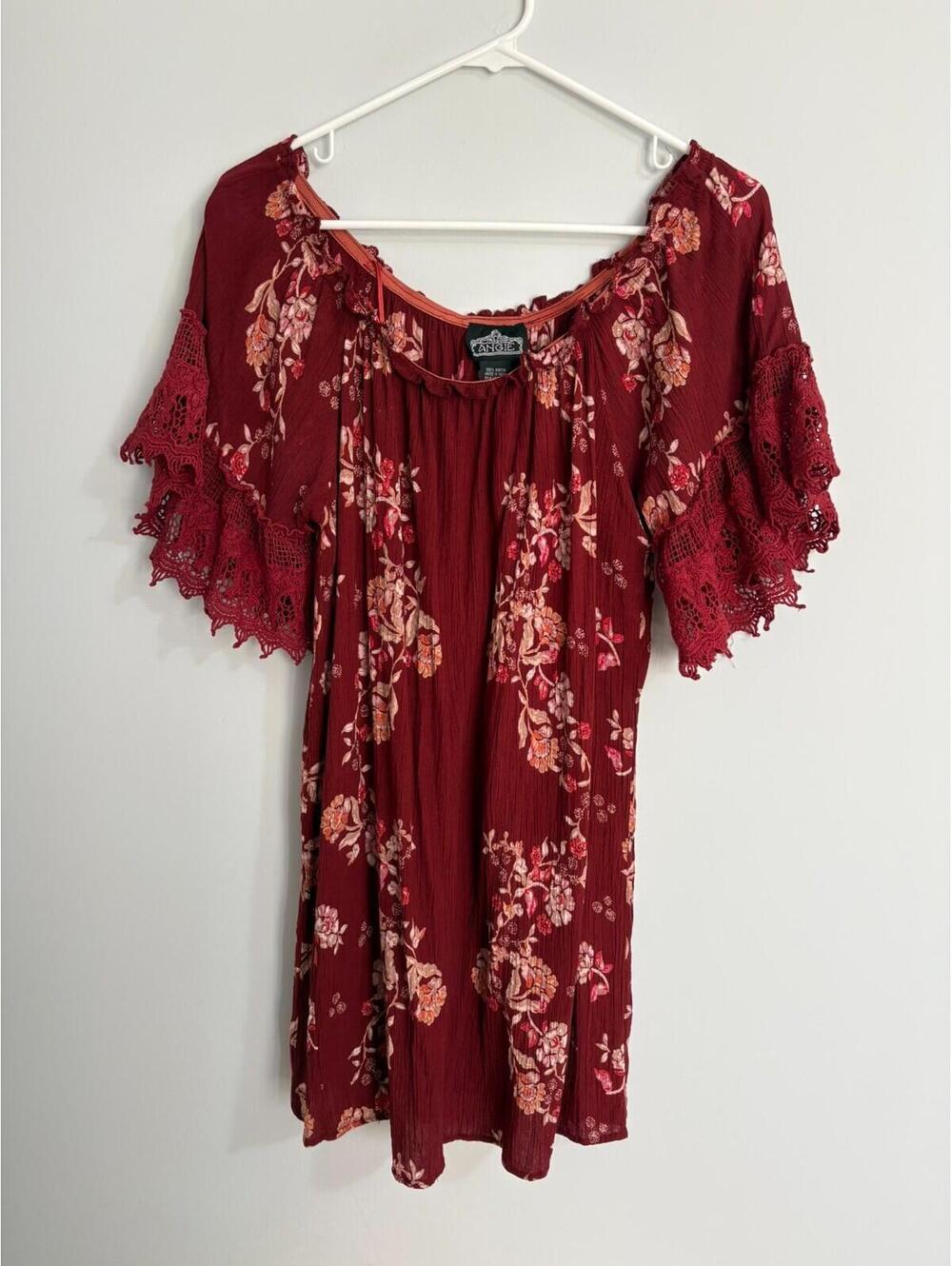 Angie Off the Shoulder Gauze Tunic Top Peasant Dress Crochet Sleeve Floral Large